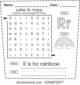 ABC-Arbeitsblatt: Labyrinth-Puzzle, Spur, Farbe, Lesen und Schreiben (Buchstabe R)