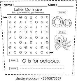 ABC worksheet : Maze puzzle, trace, color, read and write (Letter O)