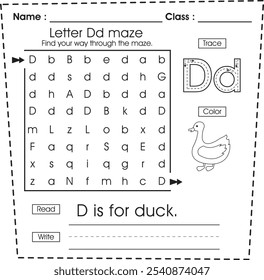 ABC worksheet : Maze puzzle, trace, color, read and write (Letter D)