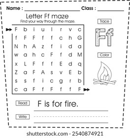 Hoja de cálculo ABC: Laberinto, rompecabezas, trazar, color, leer y escribir (Letra F)