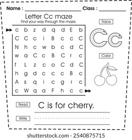 ABC worksheet : Maze puzzle, trace, color, read and write (Letter C)