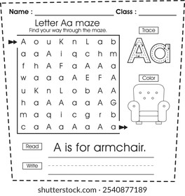 ABC worksheet : Maze puzzle, trace, color, read and write (Letter A)