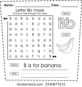 ABC-Arbeitsblatt: Labyrinth Puzzle, Spur, Farbe, lesen und schreiben (Buchstabe B)