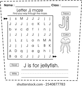 Hoja de cálculo ABC: Laberinto, rompecabezas, trazar, colorear, leer y escribir (Letra J)