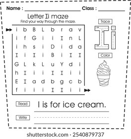 ABC worksheet : Maze puzzle, trace, color, read and write (Letter I)