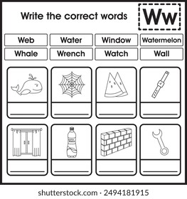 ABC worksheet : Write the correct word (Letter W)