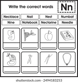 ABC worksheet : Write the correct word (Letter N)