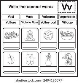 ABC worksheet : Write the correct word (Letter V)