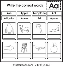 ABC worksheet : Write the correct word (Letter A)