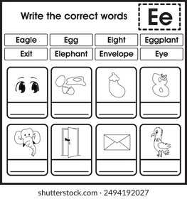 ABC worksheet : Write the correct word (Letter E)