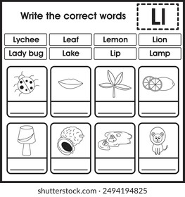 ABC worksheet : Write the correct word (Letter L)