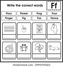 ABC worksheet : Write the correct word (Letter F)