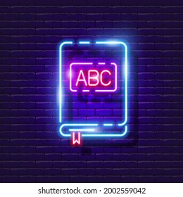 Cartel de neón del libro ABC. Icono de brillo del libro de estudio. Ilustración vectorial para el diseño. Concepto de guardería.