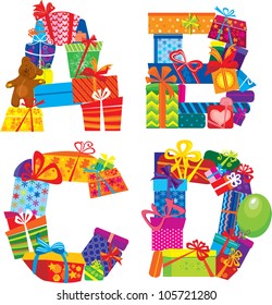 ABCD - english alphabet - letters are made of gift boxes and presents