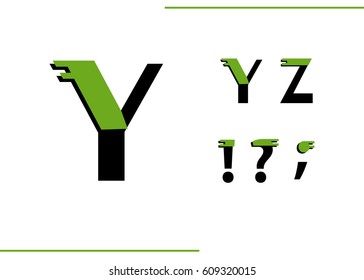 ABCD. English alphabet. Y, Z, !, ?, ; education, design set. Geometric stylized fonts. Green and black letters on a white background. 