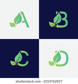 A,B,C,D leaf logo Design Template Vector Graphic Branding Element. Leaf letter A,B,C,D Logo vector Illustration. Plant Logo. 