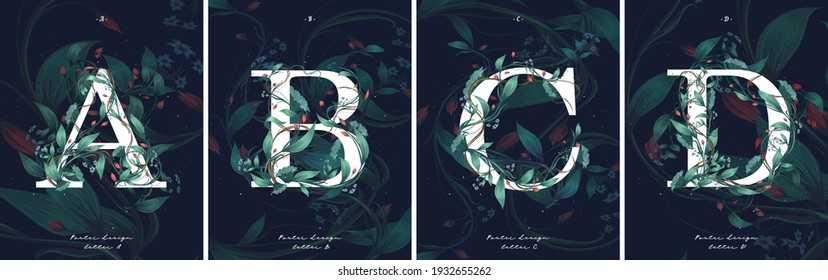 ABCD letters in flowers and leaves. Vector floral background. Postcard with text, branches, foliage and flowers on dark background. Poster, invitation, postcard or cover.