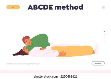 Abcde method concept of landing page with man doing artificial respiration for breathless unconscious woman. Reanimation procedure and first aid courses training. Cartoon flat vector Illustration