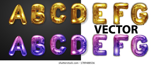 ABCDEF gold foil letter balloons on white background. Golden alphabet balloon logotype, icon. Metallic Gold ABC Balloons. Text for children's reading, vector eps