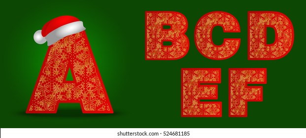 ABCDEF, vector christmas font on green background. Letters with santa hat and snowflakes