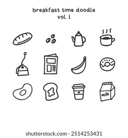 Abcdez - Café da manhã Tempo Doodle Mão desenhada marcador simples elementos definir ícones Ilustração de vetor isolado no fundo branco , pão café grãos chá xícara banana donut leite esboço 