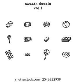 Abcdez - Doodle set dibujado a mano boceto dibujado dulces golosinas postre galletas de caramelo galletas lollipop macaroon twister pluma de la fiesta de alimentos marcador de Vector aislado fondo blanco