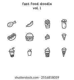 Abcdez - Fast Food Doodle set of food hand drawn doodle marker sketch chicken sausage french fries kebab hot dog hamburger cheese pizza ice cream boba drink , vector set isolated white background