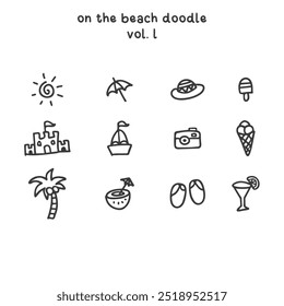 Abcdez - On the Beach Doodle Hand drawn marker sketch doodle set sun umbrella hat ice cream castle boat camera coconut tree sandal glass lemonade art set vector isolated white background