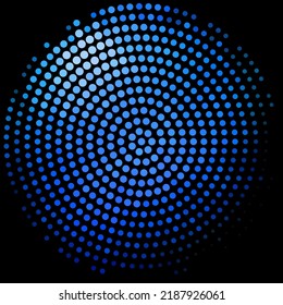 Abctract blue circle with halftone effect on black background. Simple vector graphic pattern