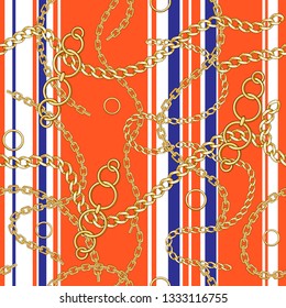 Abctract seamless pattern with belts, chain on bright background for fabric. Trendy repeating background.