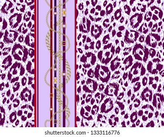Abctract seamless pattern with belts, chain on bright animal skin background for fabric. Trendy repeating leopard print.