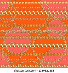 Abctract seamless pattern with belts, chain on bright animal skin background for fabric. Trendy repeating leopard print.