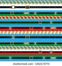 Abctract seamless pattern with belts and chain on bright background for fabric. Trendy repeating print.
