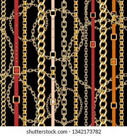 Abctract seamless pattern with belts and chain on bright background for fabric. Trendy repeating print.