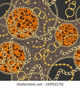 Abctract seamless pattern with golden chain with animal skin background for fabric. Trendy repeating leopard print.