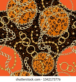 Abctract seamless pattern with golden chain with animal skin background for fabric. Trendy repeating leopard print.