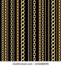 Abctract seamless pattern with golden chains on black background for fabric. Trendy repeating print.