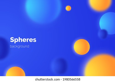 Abctract simple background with colorful matte spheres isolated on dark. Banner design with yellow and blue floating bubbles in 3d style. Vector illustration.