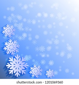 Abctract winter background, white papercut snowflakes on blue background. Template for text, sale, greeting card, poster. New yaer, Christmas, snow, cold, december, january, february.