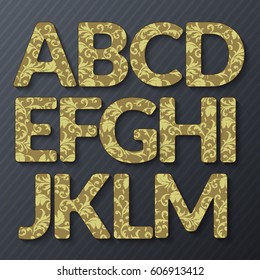 ABC.Vector Graphic Alphabet in gold style on a dark background.Collection of gold letters.Gold font.