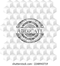 Abdicate realistic grey emblem with geometric cube white background. 