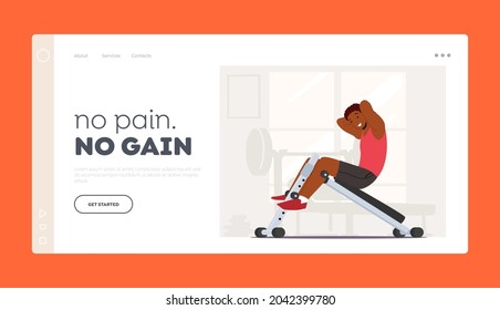 Abdomen Exercise Landing Page Template. African Man Swinging Press on Decline Bench in Gym. Sportsman Work on Training Apparatus. Male Character Fitness Workout. Cartoon People Vector Illustration