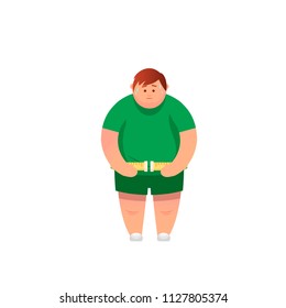 Abdomen fat, overweight man with a big belly and measure tape around waist against. Vector illustration