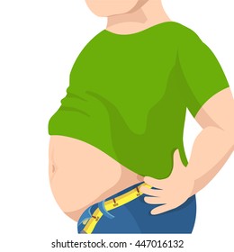 Abdomen fat, overweight man with a big belly and measure tape around waist against. Vector illustration