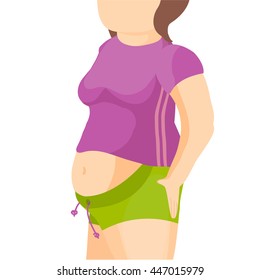 Abdomen fat, overweight woman with a big belly. Vector illustration