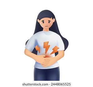 Abdomen pain concept. Woman Stomach Ache. 3D style vector design illustrations. Unhealthy diet and junk food, poisoning. Illness