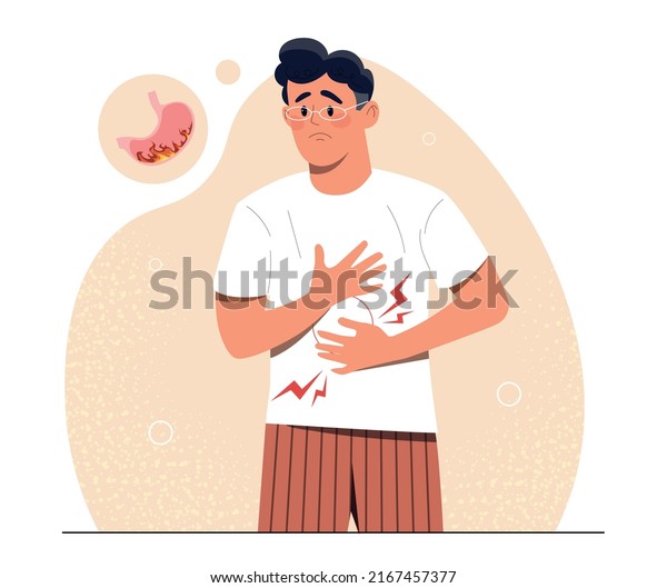 Abdomen pain concept. Young guy holds his\
stomach with both hands, healthcare. Problems with intestines or\
digestion. Unhealthy diet and junk food, poisoning. Cartoon flat\
vector illustration