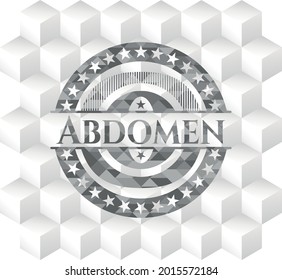 Abdomen retro style grey emblem with geometric cube white background. 
