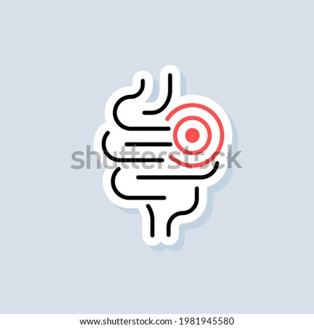 Abdominal bloating sticker. Not healthy digestive tract icon. Intestinal inflammation icon, abdominal pain, constipation, gut appendicitis. Vector on isolated background. EPS 10.