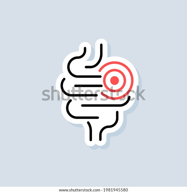 Abdominal bloating\
sticker. Not healthy digestive tract icon. Intestinal inflammation\
icon, abdominal pain, constipation, gut appendicitis. Vector on\
isolated background. EPS\
10.